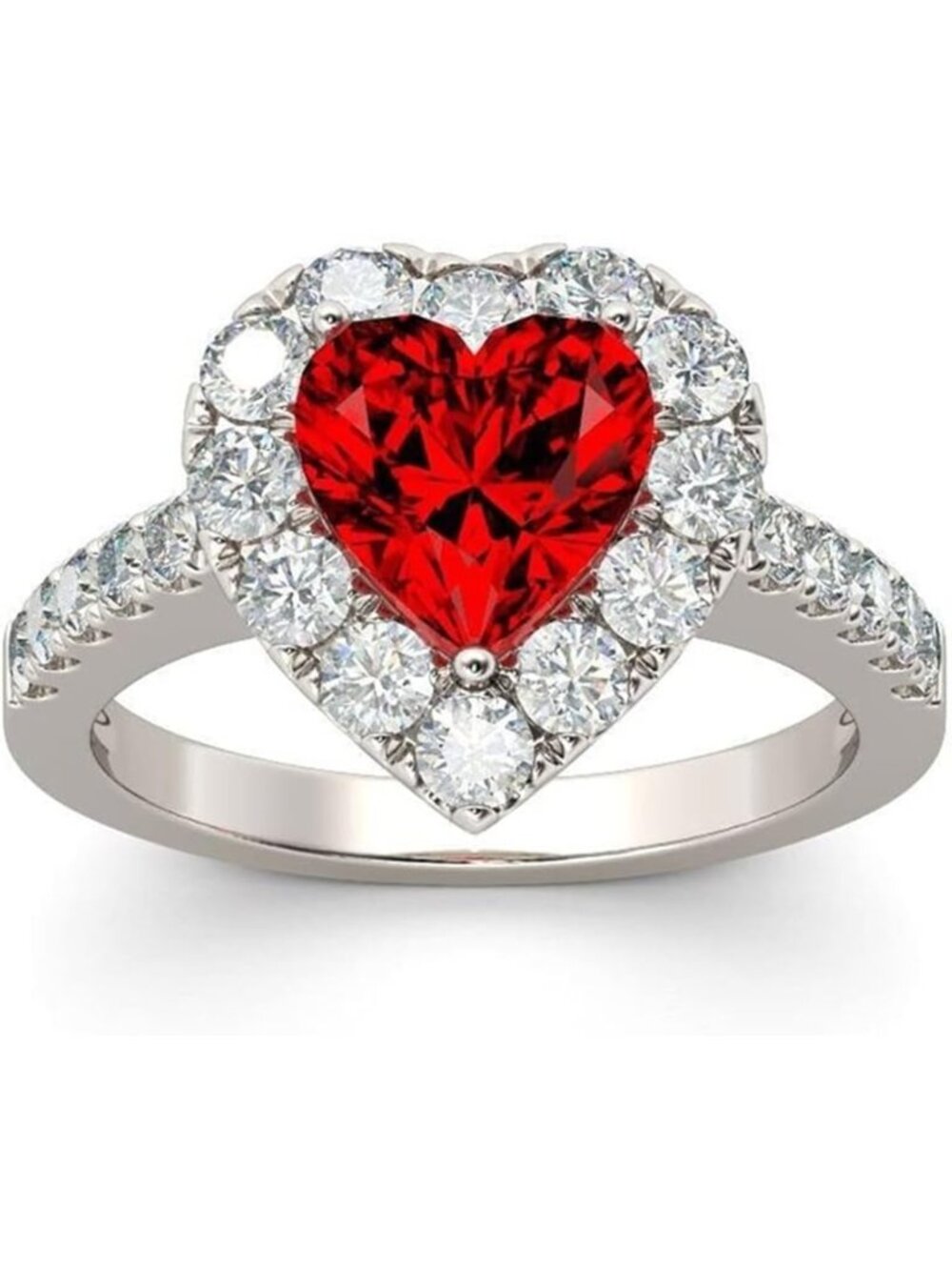 Elegant 925 Sterling Silver Heart Ruby Ring with Diamonds & CZ - Perfect for